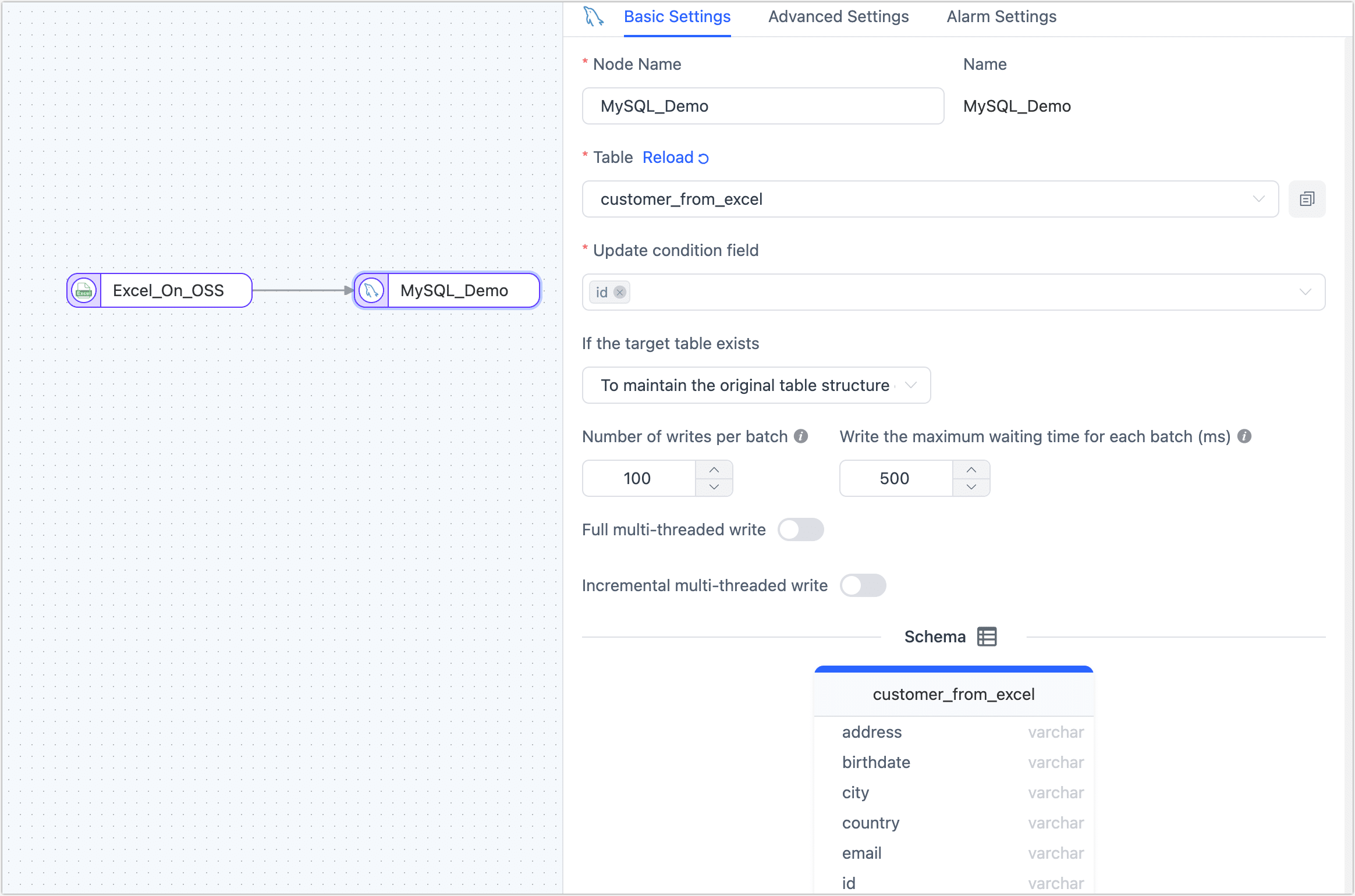 MySQL Node Settings